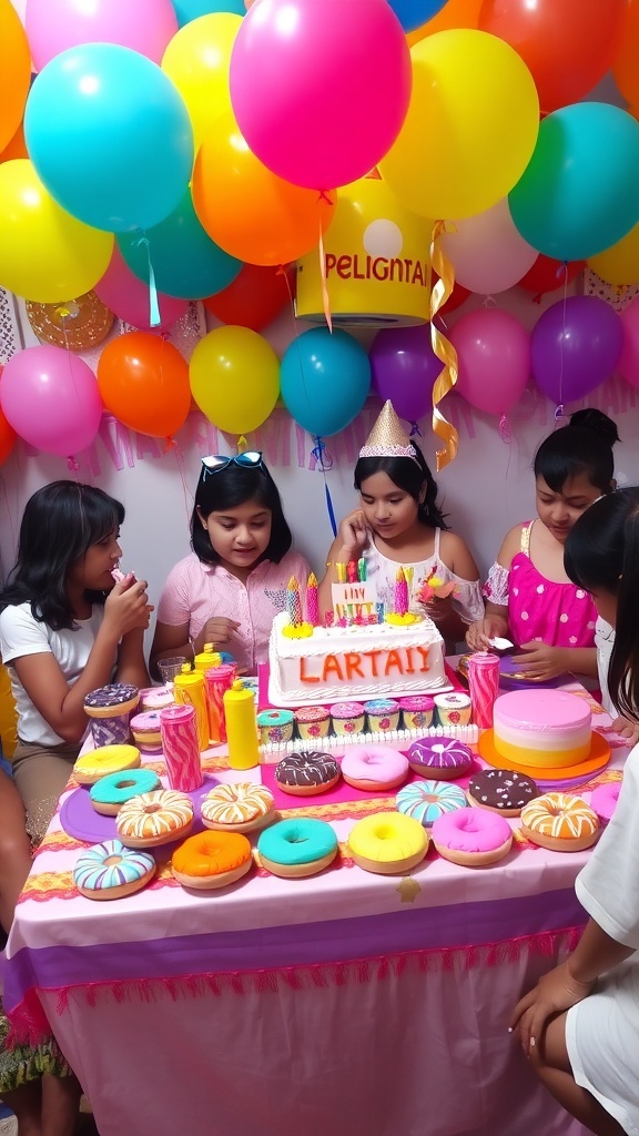 A festive donut birthday party table with assorted donuts, balloons, and a birthday cake.
